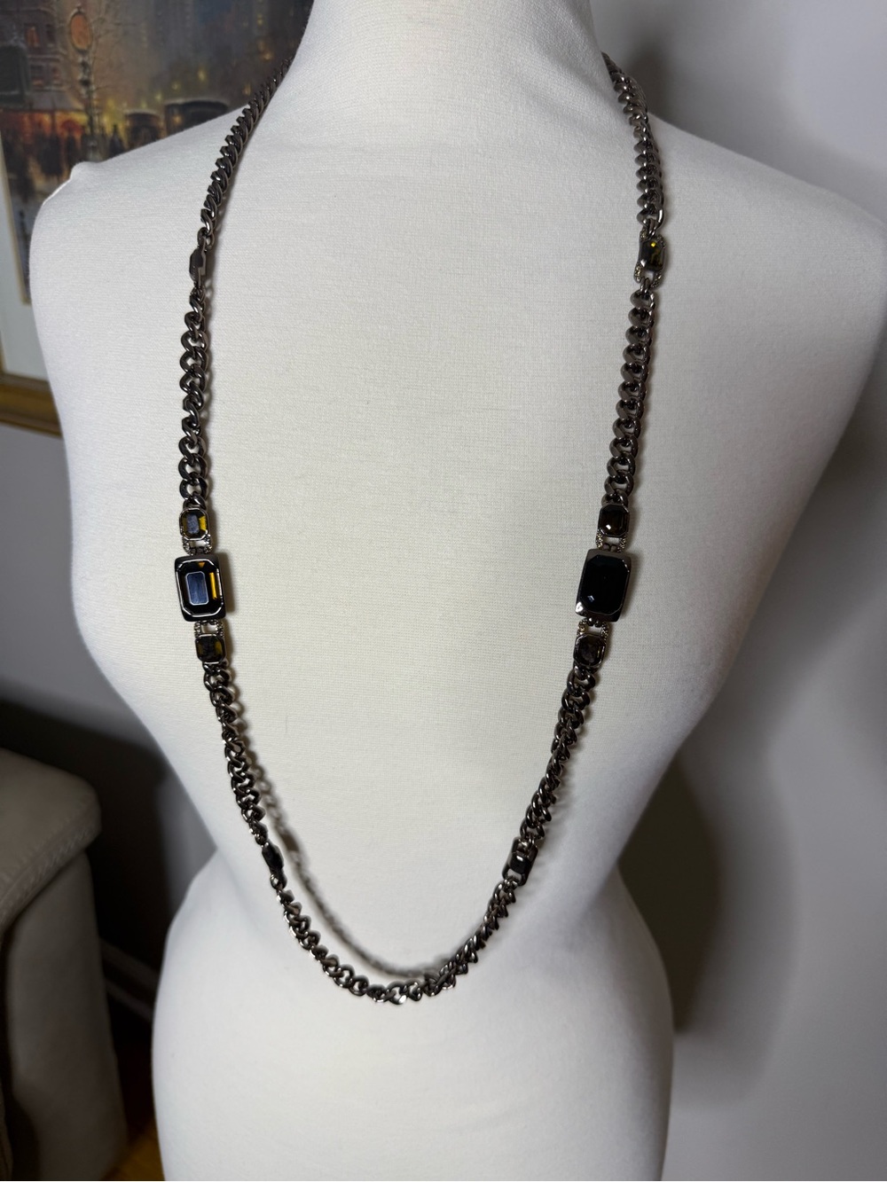 Givenchy‎ Gunmetal Chain Necklace Smoky Crystal Statement Designer Jewelry